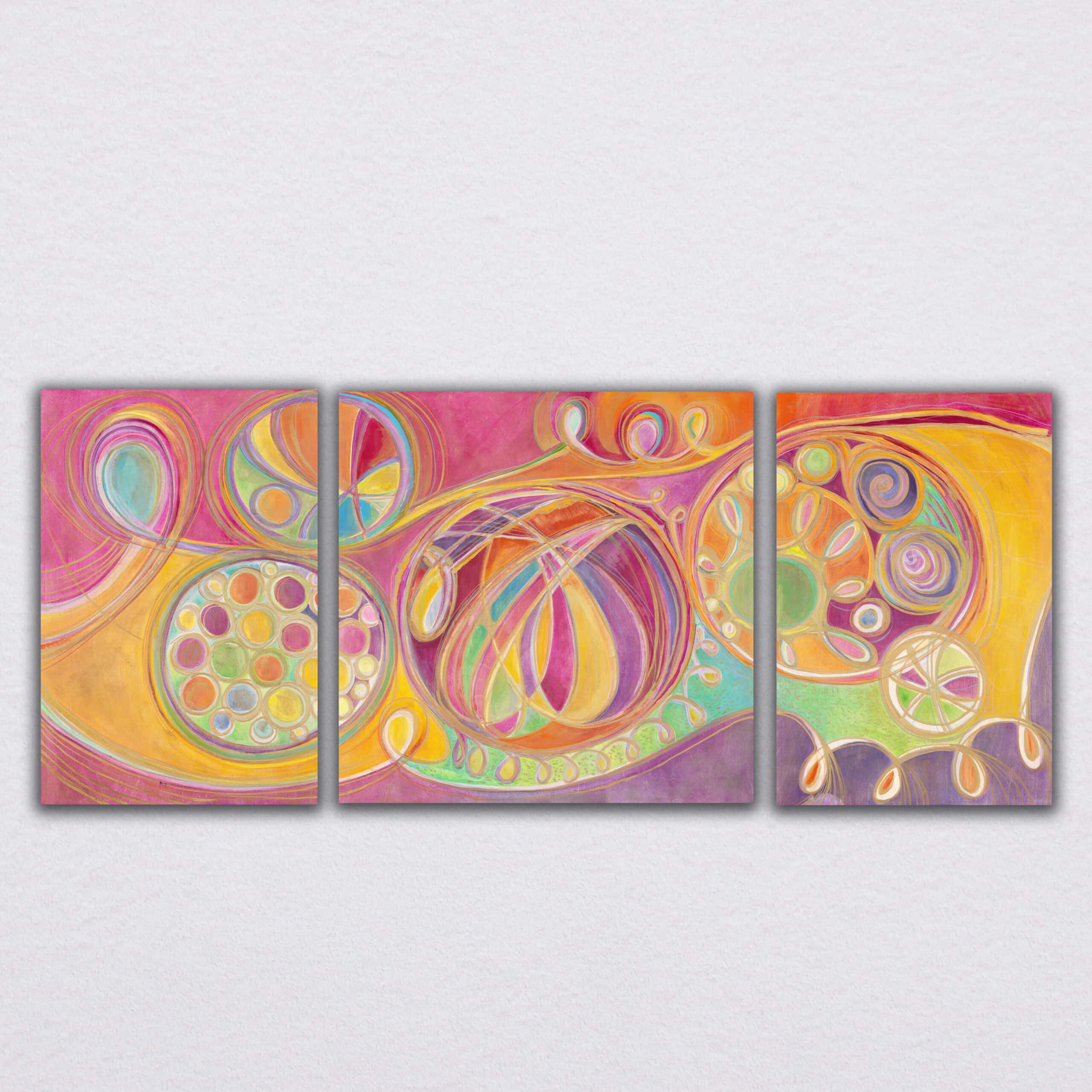 "Love You More" 2021 | Original Painting 40 x 85 inches Fluid Acrylic, Watercolor, Colored Pencil, Iridescent and Metallic Media, Tryptic on Birchwood Panels image 0