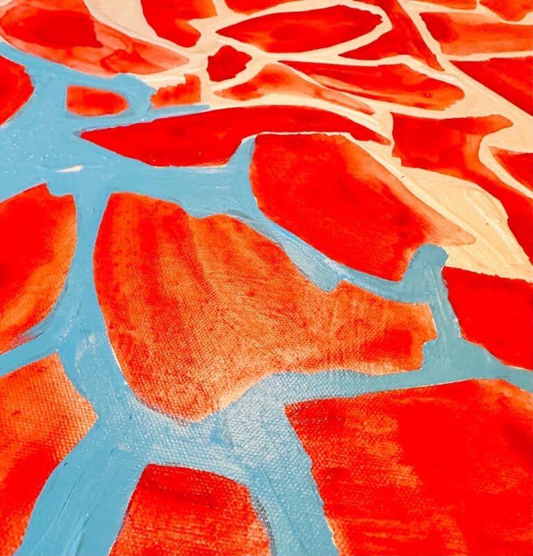 in progress painting by maureen claffy featuring coral tones against a light blue background